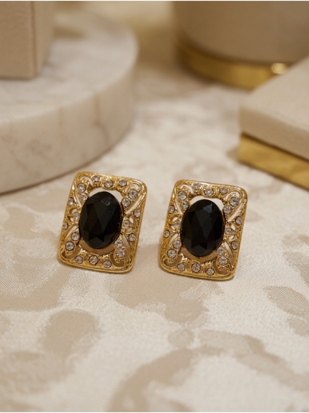 Vintage 1928 Gold Tone Faux Black Onyx Rhinestone Filigree Victorian Earrings